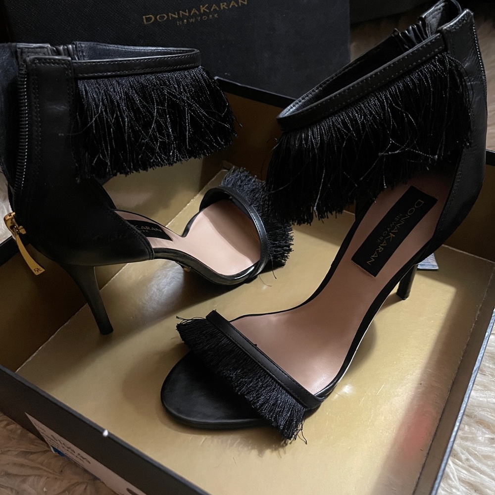 Donna Karan Black Heels with Stiletto and Fringe Detail